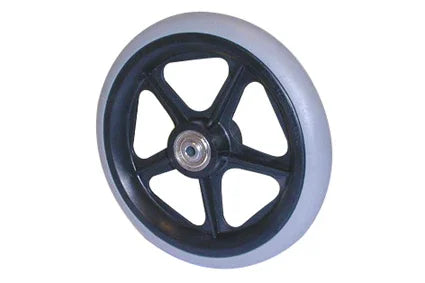 Durable wheelchair wheel with black spoke design and gray tire, ideal for mobility accessories