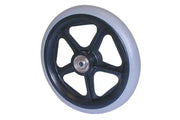 Durable wheelchair wheel with black spoke guard and gray tire, ideal for mobility accessories