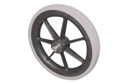 Durable wheelchair wheel with black spokes and white tire, ideal for mobility accessories and custom setups.