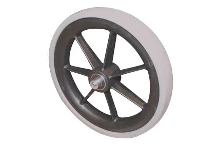 Durable wheelchair wheel with black spokes and white tire, ideal for mobility accessories and custom setups.