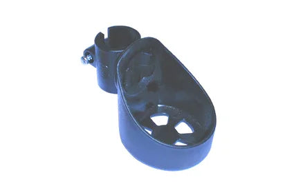 Black wheelchair cup holder with adjustable clamp and vented base for secure drink placement