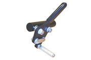 Black wheelchair accessory clamp with silver bolts and clear adjustment knob for secure mounting