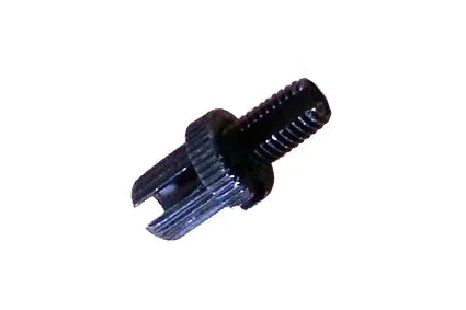 Black wheelchair spoke guard bolt with threaded shaft and split clamp design for secure attachment