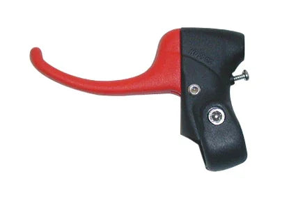 Red and black wheelchair hand brake lever with ergonomic grip and mounting screws