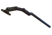 Black wheelchair footrest support arm with mounting brackets and bolts for secure attachment