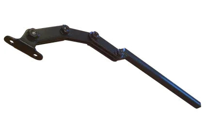 Black wheelchair footrest support arm with mounting brackets and bolts for secure attachment