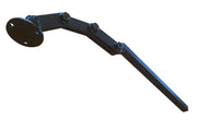 Black wheelchair armrest support bracket with mounting holes and bolts, durable metal construction