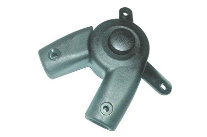 Black wheelchair armrest bracket with mounting holes for secure attachment to wheelchair frames