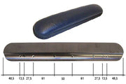Blue padded wheelchair armrest with metal base, shown with measurement dimensions for custom fit