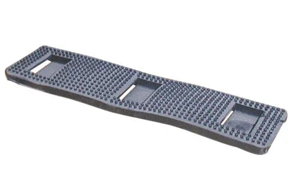Black textured wheelchair footrest with grip surface and mounting slots for secure attachment