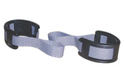 Gray mesh wheelchair safety strap with black plastic buckles for secure positioning