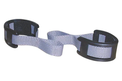 Gray mesh wheelchair safety strap with black plastic buckles for secure positioning