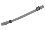 Gray wheelchair safety strap with black buckles for secure positioning and mobility support