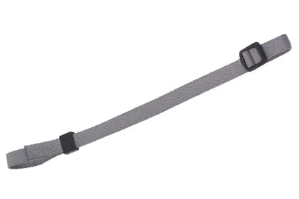 Gray wheelchair safety strap with black buckles for secure positioning and mobility support