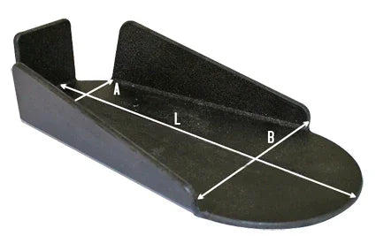 Black wheelchair footrest with labeled dimensions A, L, B for custom fitting and accessibility support