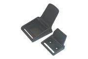 Black wheelchair tray clamps with adjustable slots for secure mounting