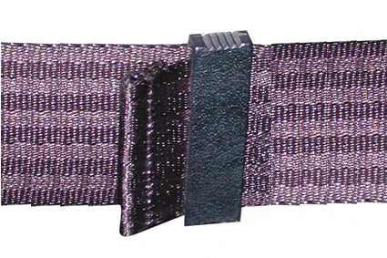 Purple wheelchair strap with black plastic buckle for secure positioning