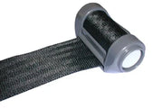 Black wheelchair safety strap with gray plastic buckle for secure mobility support