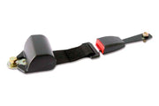 Black wheelchair safety belt with red buckle and metal mounting hardware for secure mobility support