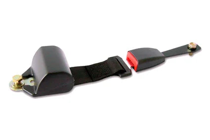 Black wheelchair safety belt with red buckle and metal mounting hardware for secure mobility support