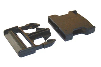 Black plastic wheelchair tray clip and mounting bracket for secure attachment