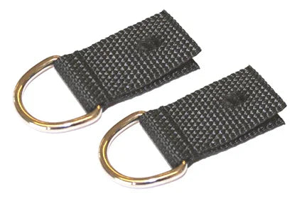 Black wheelchair accessory straps with metal D-rings for secure attachment
