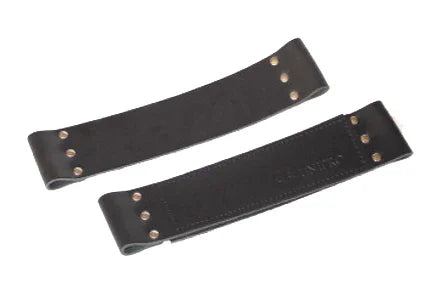 Black leather wheelchair armrest straps with brass rivets, durable accessory for comfort and support
