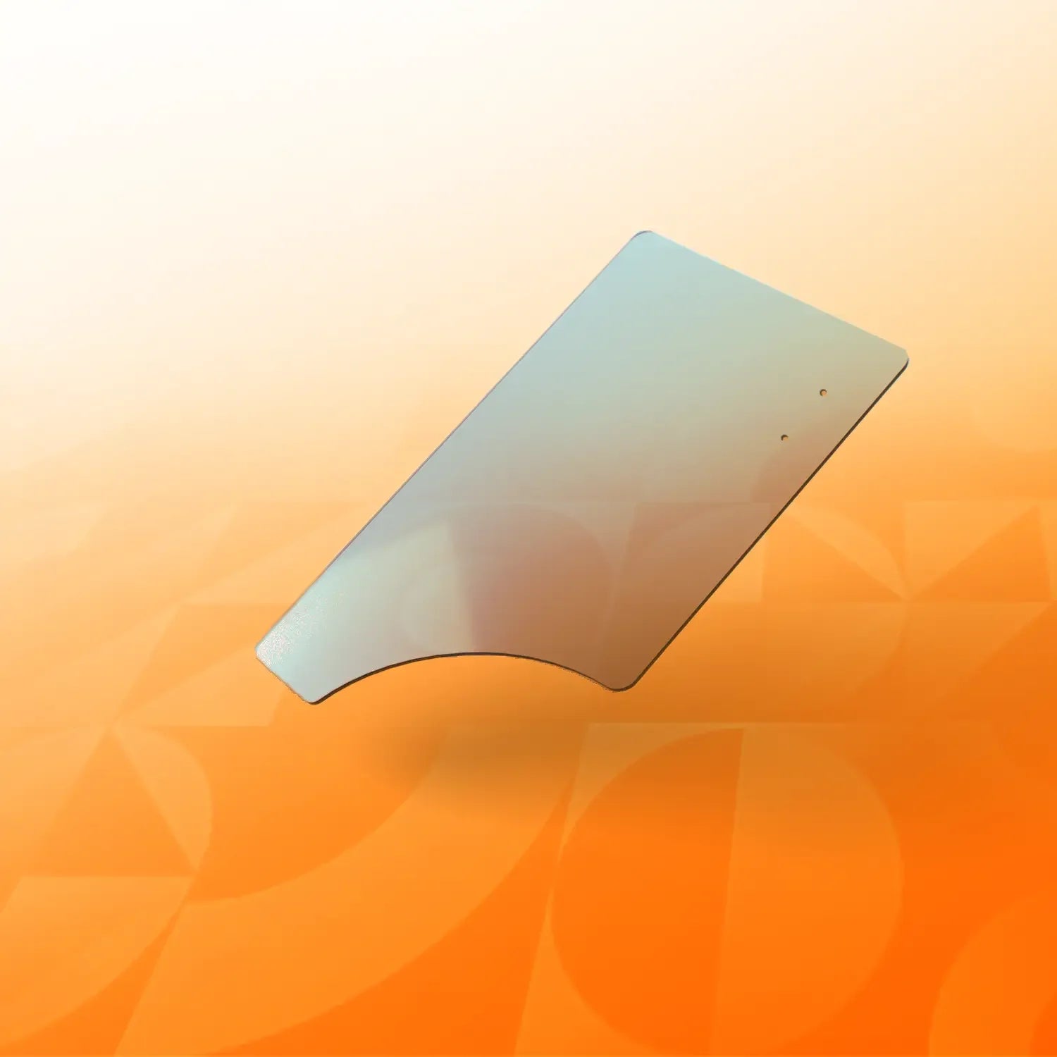 Clear acrylic wheelchair half tray with rounded cutout on a gradient orange background