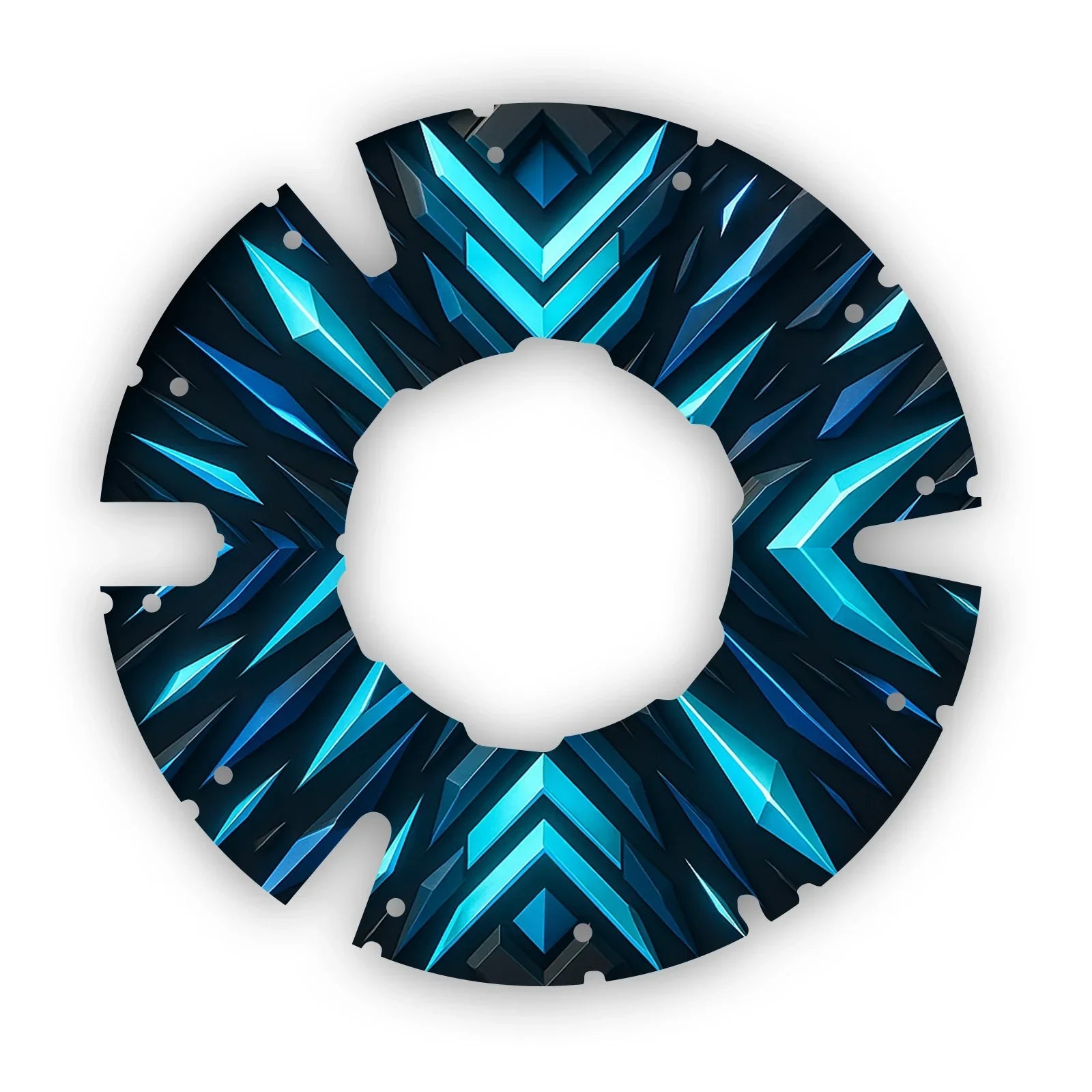 Blue geometric printed wheelchair spoke guard with cutouts and bold arrow patterns