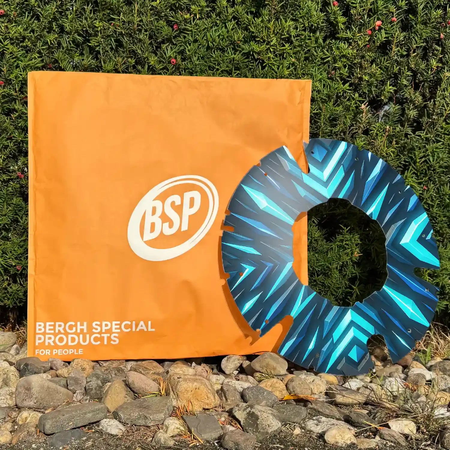 Blue geometric wheelchair spoke guard with orange BSP bag outdoors on rocks and greenery
