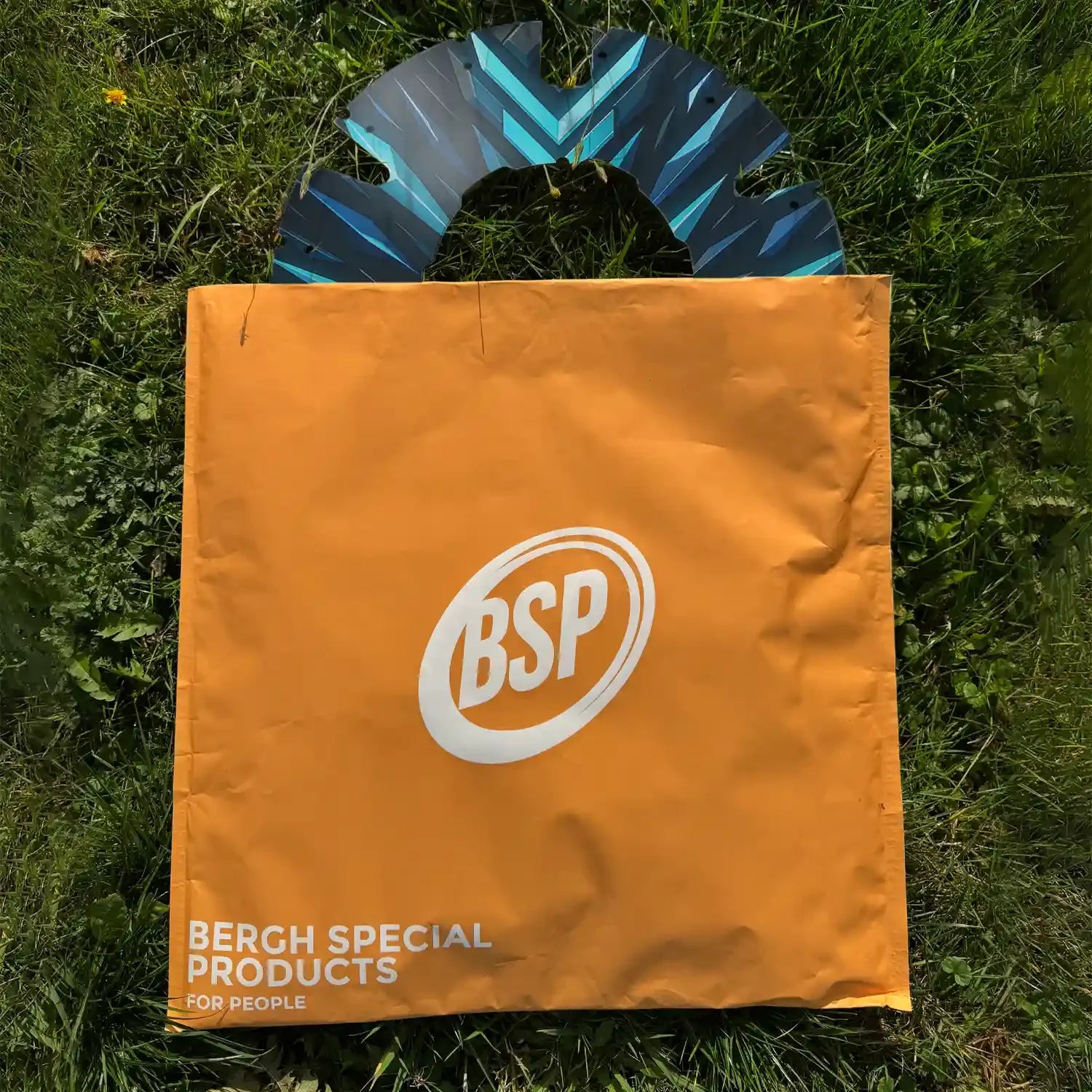 Printed wheelchair spoke guard with geometric blue design on grass, orange BSP packaging.