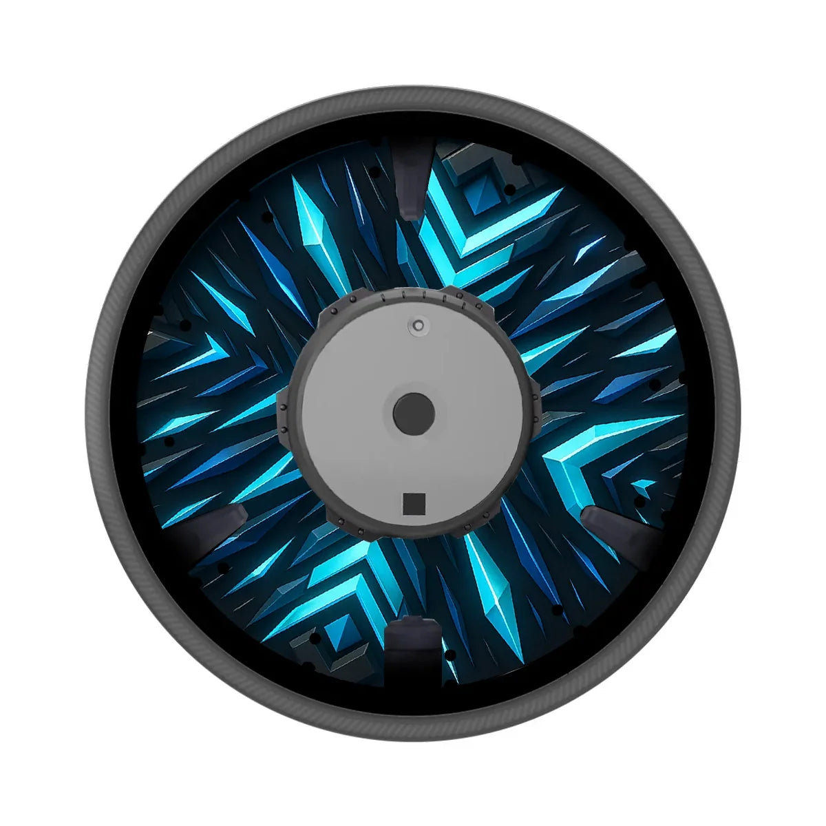 Wheelchair wheel with modern crystal-patterned printed spoke guard in blue tones