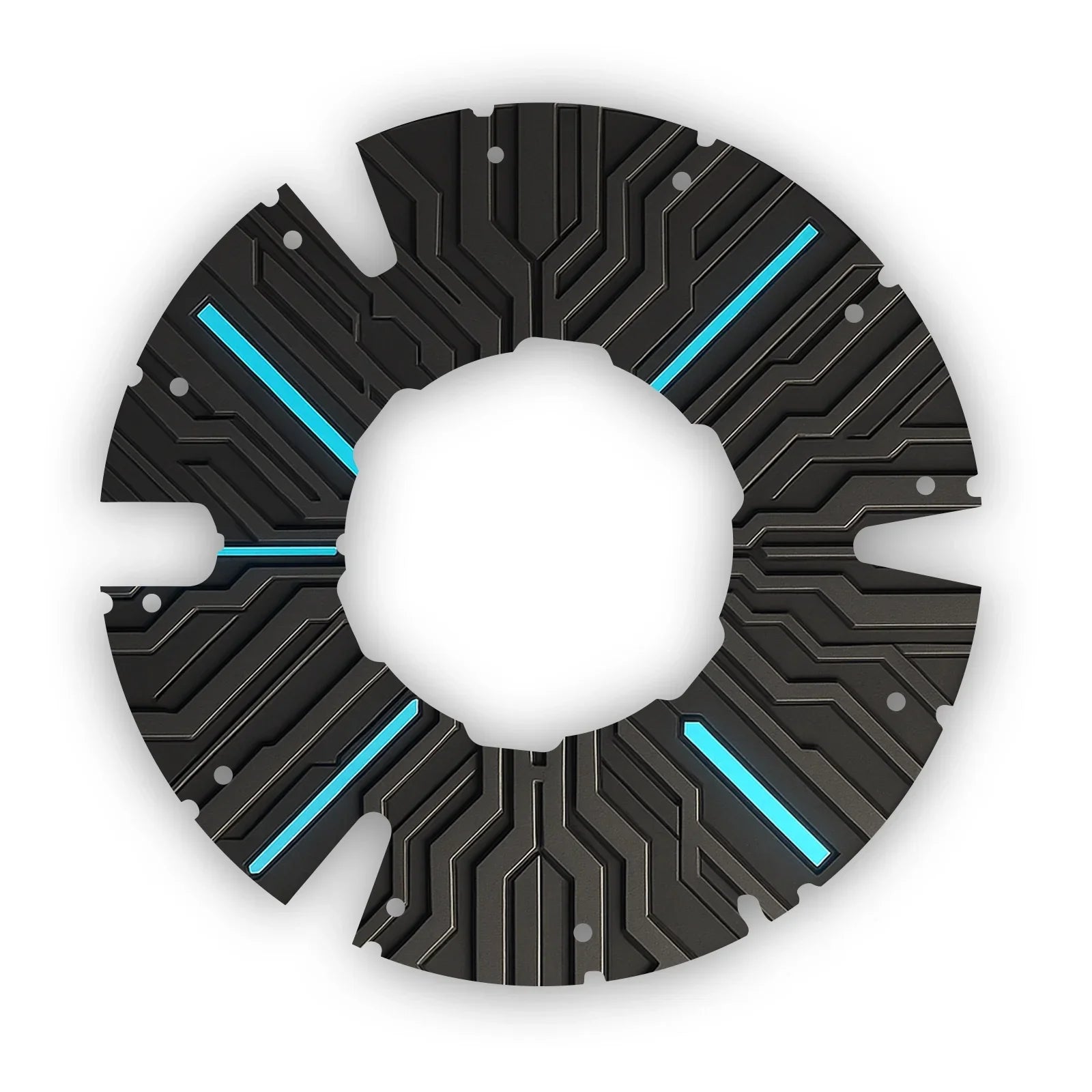 Black wheelchair spoke guard with futuristic circuit pattern and blue accents