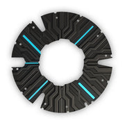 Black wheelchair spoke guard with futuristic circuit pattern and blue accents
