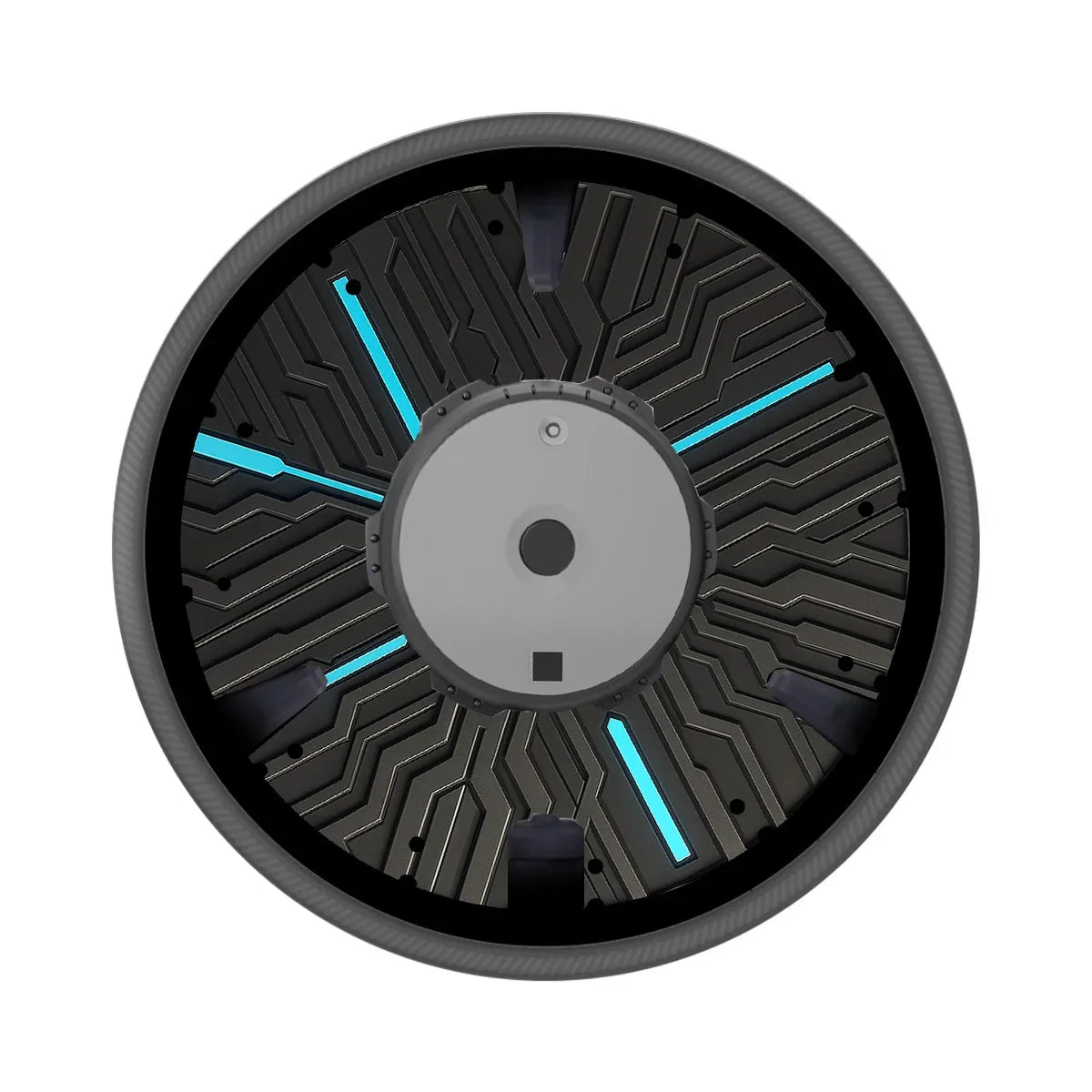 Wheelchair wheel with printed spoke guard featuring black and blue geometric pattern
