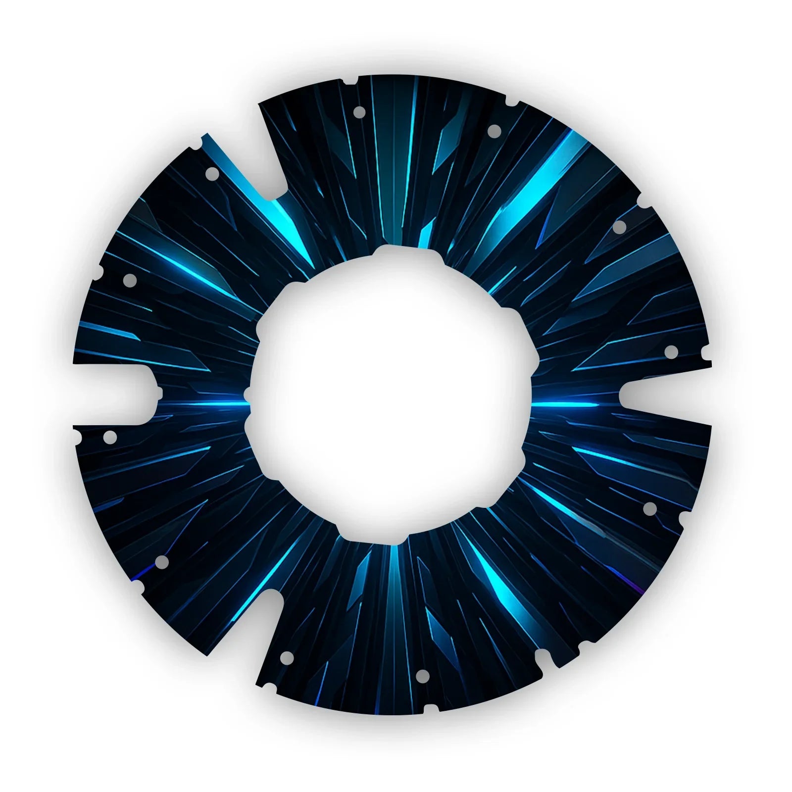 Modern printed wheelchair spoke guard with blue and black geometric pattern, circular shape