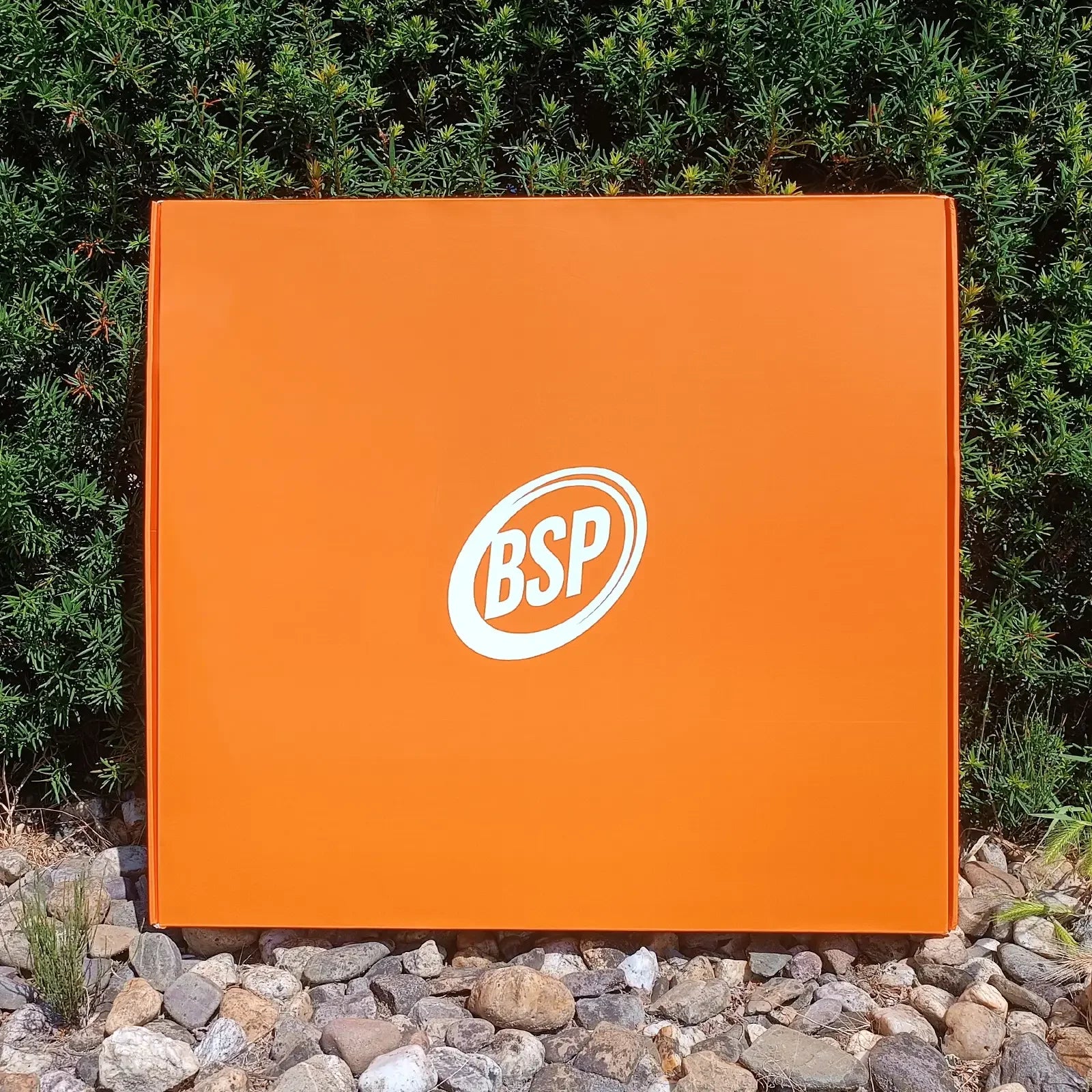 Bright orange BSP-branded box for wheelchair accessories, set against green shrubs and rocks outdoors.
