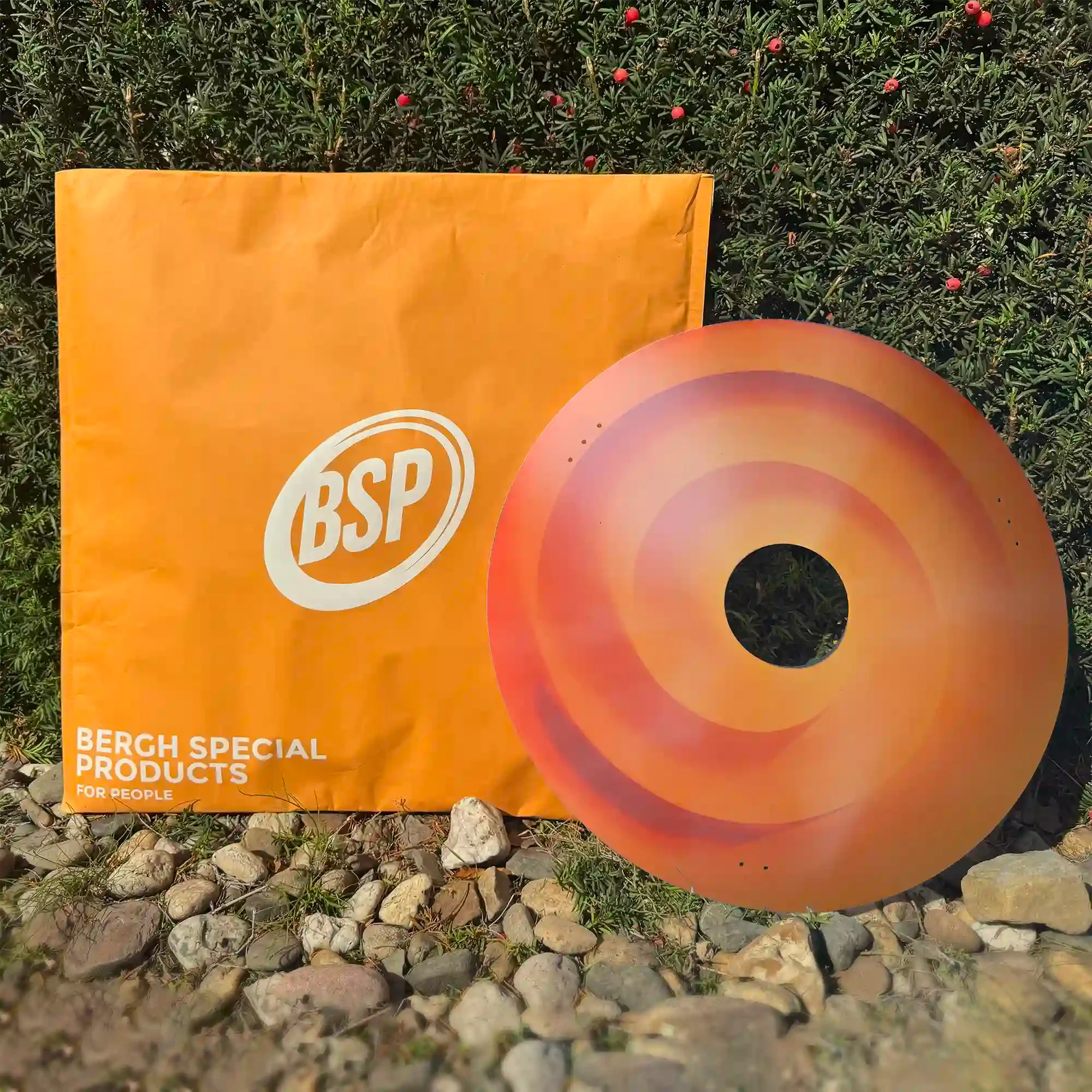 Orangefarbener Rollstuhl-Speichenschutz mit Wirbel-Design im Freien nahe grüner Pflanzen präsentiert