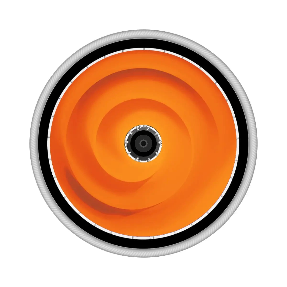 Orangefarbener Wirbel-Design-Speichenschutz an einem Rollstuhlrad, von oben betrachtet