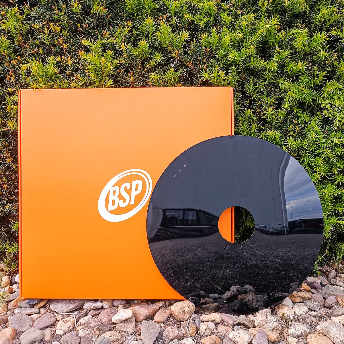 Black wheelchair spoke guard displayed on rocks near a green hedge and orange BSP sign