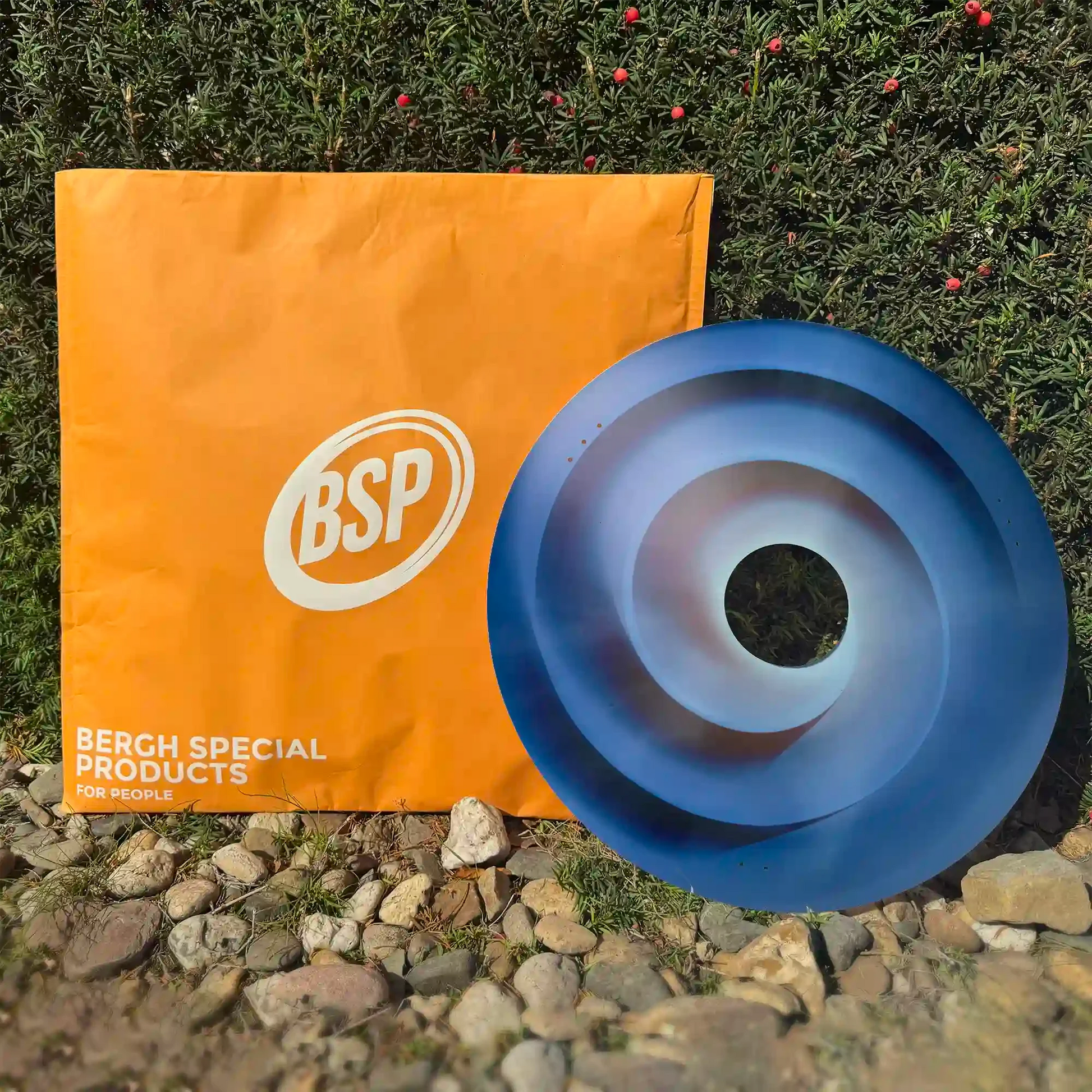 Blauer Wirbel-Rollstuhl-Speichenschutz im Freien neben orangefarbener Verpackung nahe grünem Busch präsentiert