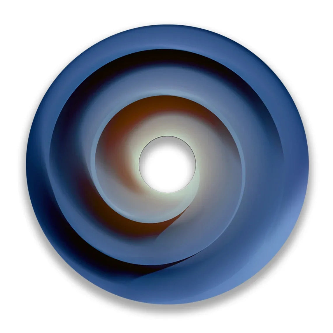 Blauer Wirbel-Rollstuhl-Speichenschutz mit verlaufendem Spiralmuster und zentraler Nabenöffnung
