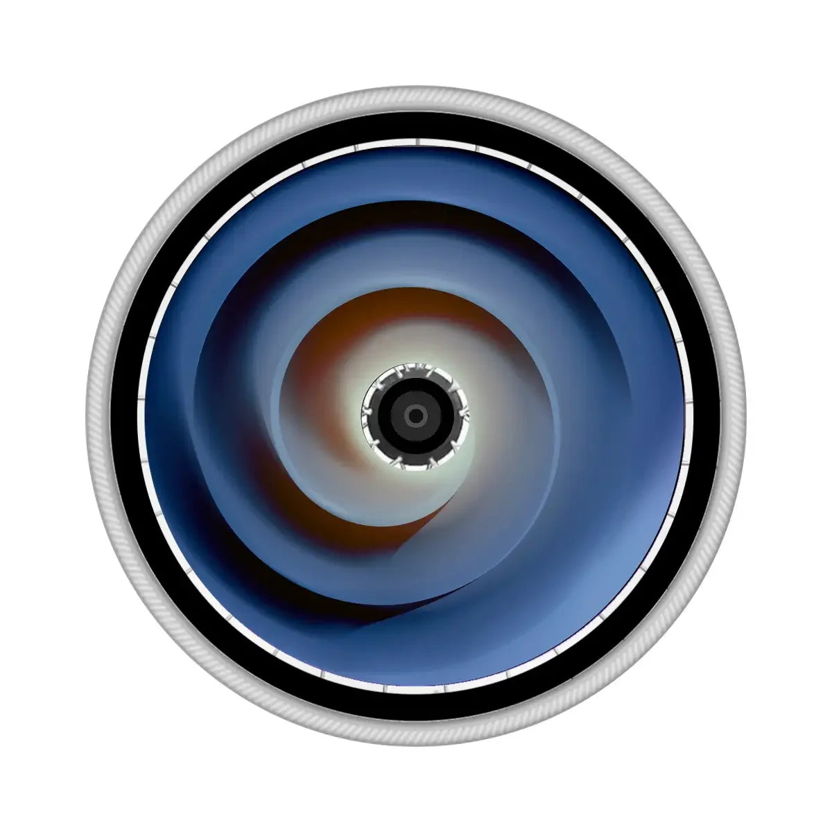 Blauer Wirbel-Speichenschutz an einem Rollstuhlrad montiert, Spiralmuster sichtbar