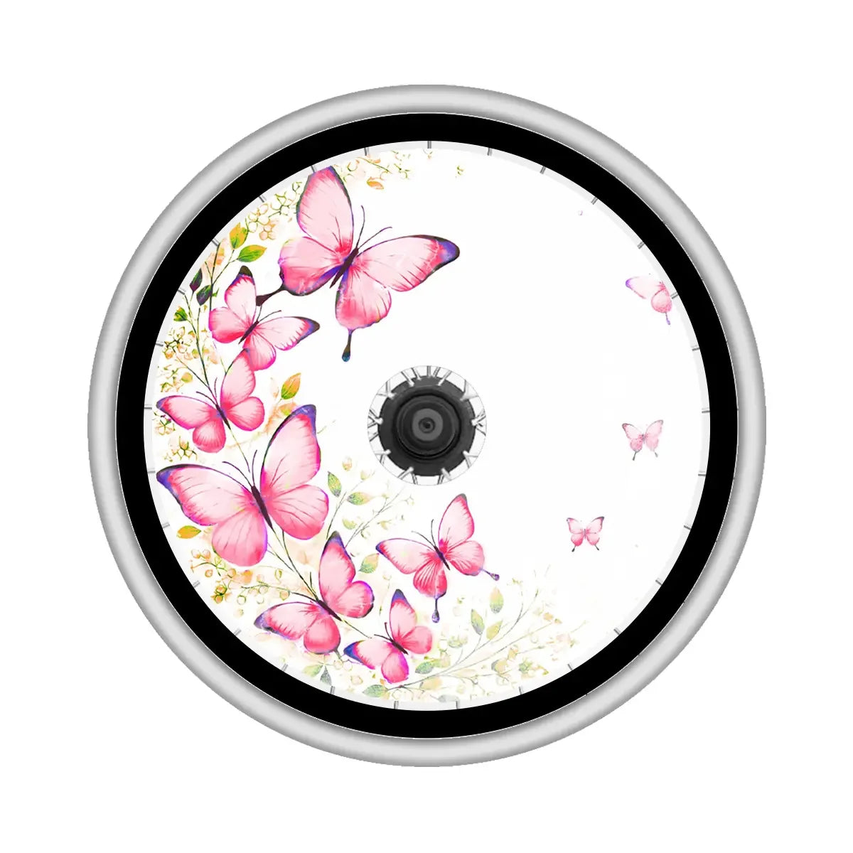 Wheelchair spoke guard with pink butterfly design on transparent wheel cover