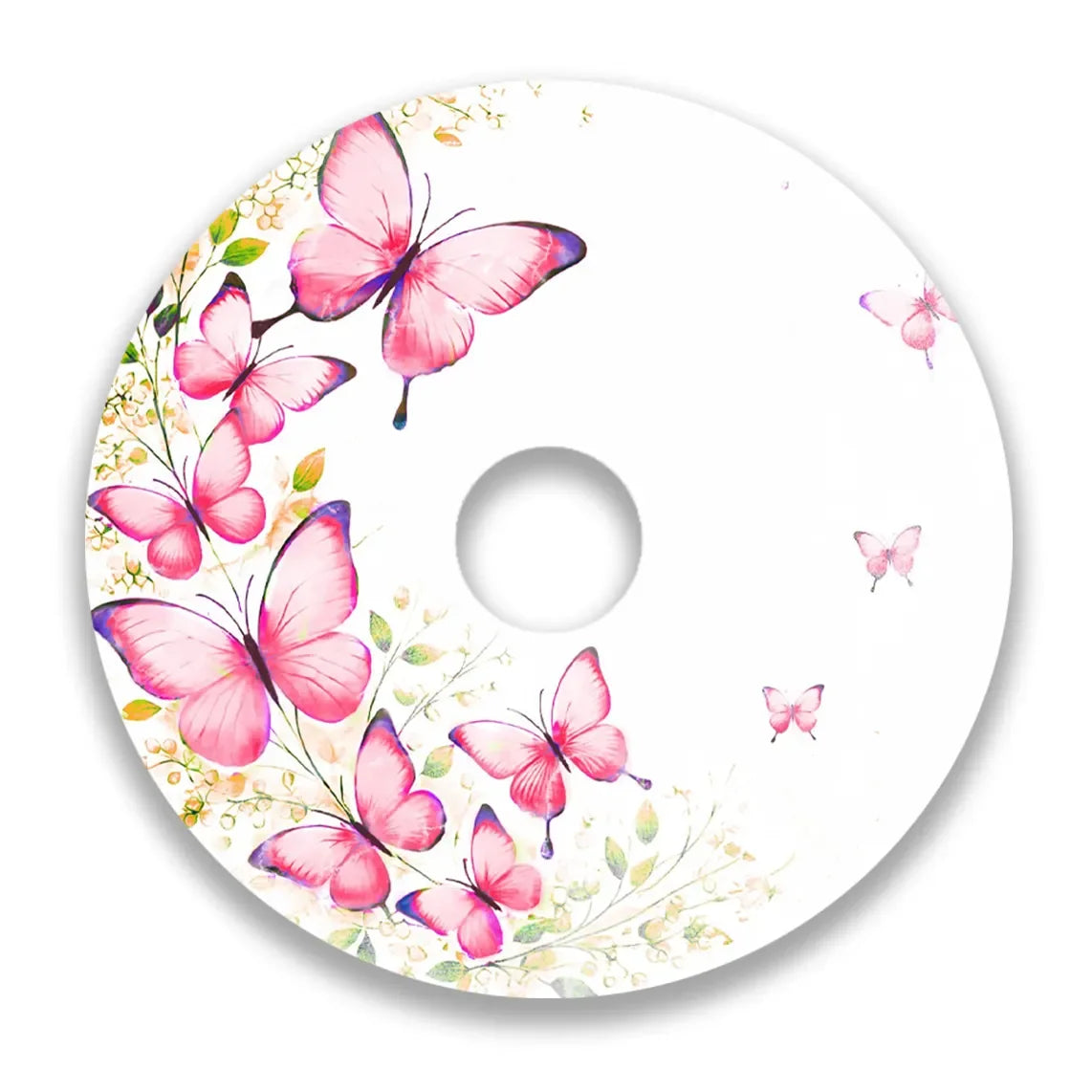 Wheelchair spoke guard with pink butterfly and floral design on white background