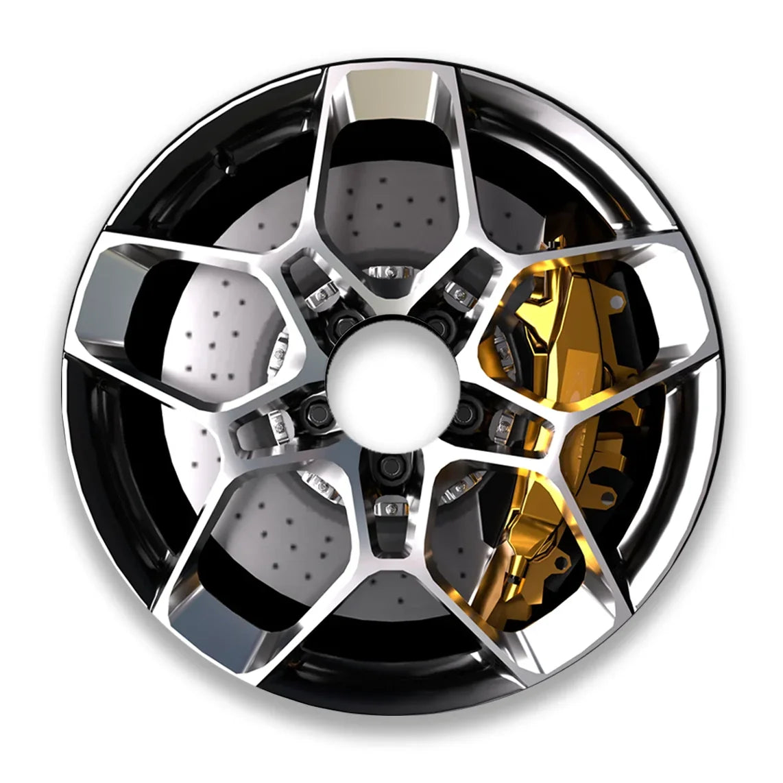 Close-up of a car wheel spoke guard with metallic and gold detailing on a white background.