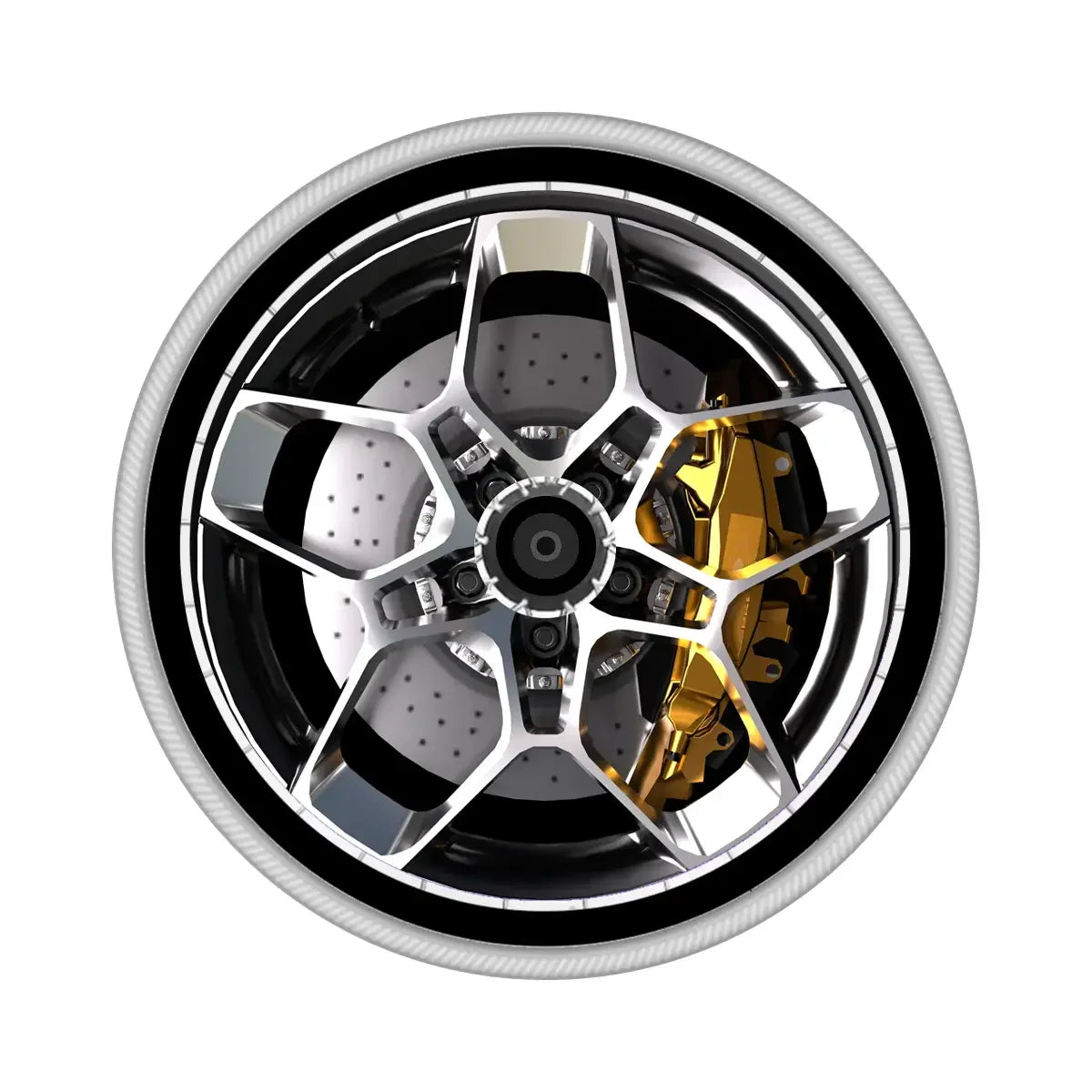 Car wheel with spoke protector installed, chrome spokes and gold caliper visible