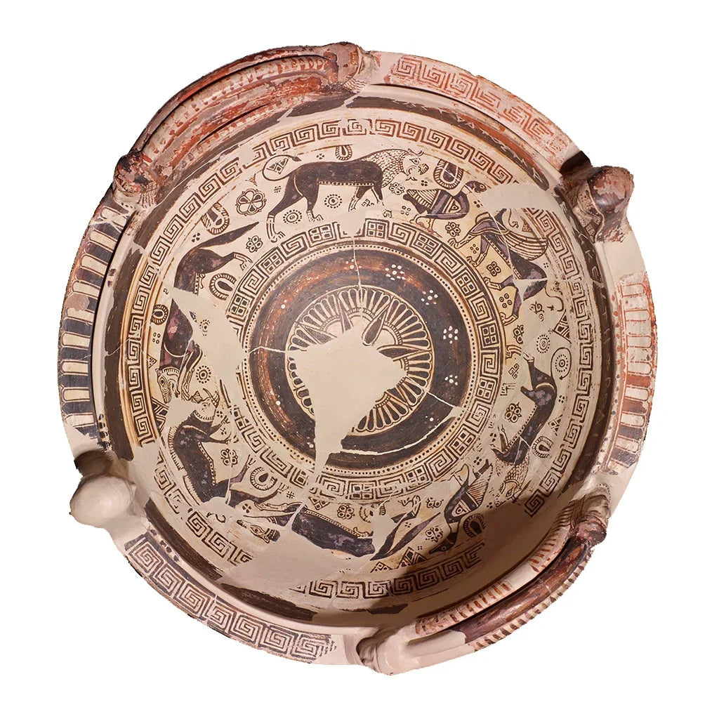 Ancient Greek ceramic bowl with black-figure goat motifs and geometric patterns