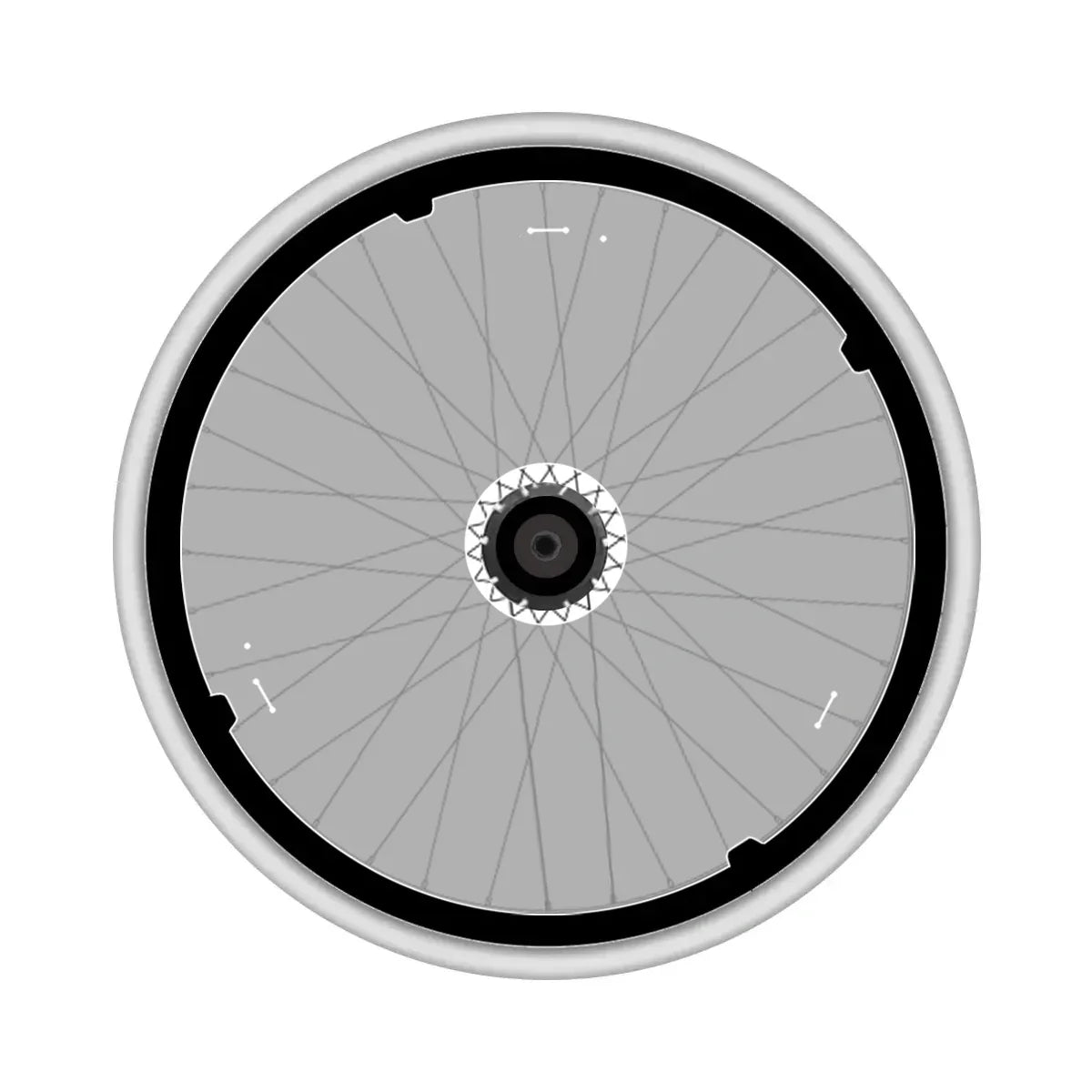 Clear wheelchair spoke guard with flat cutouts fitted on a wheelchair wheel.