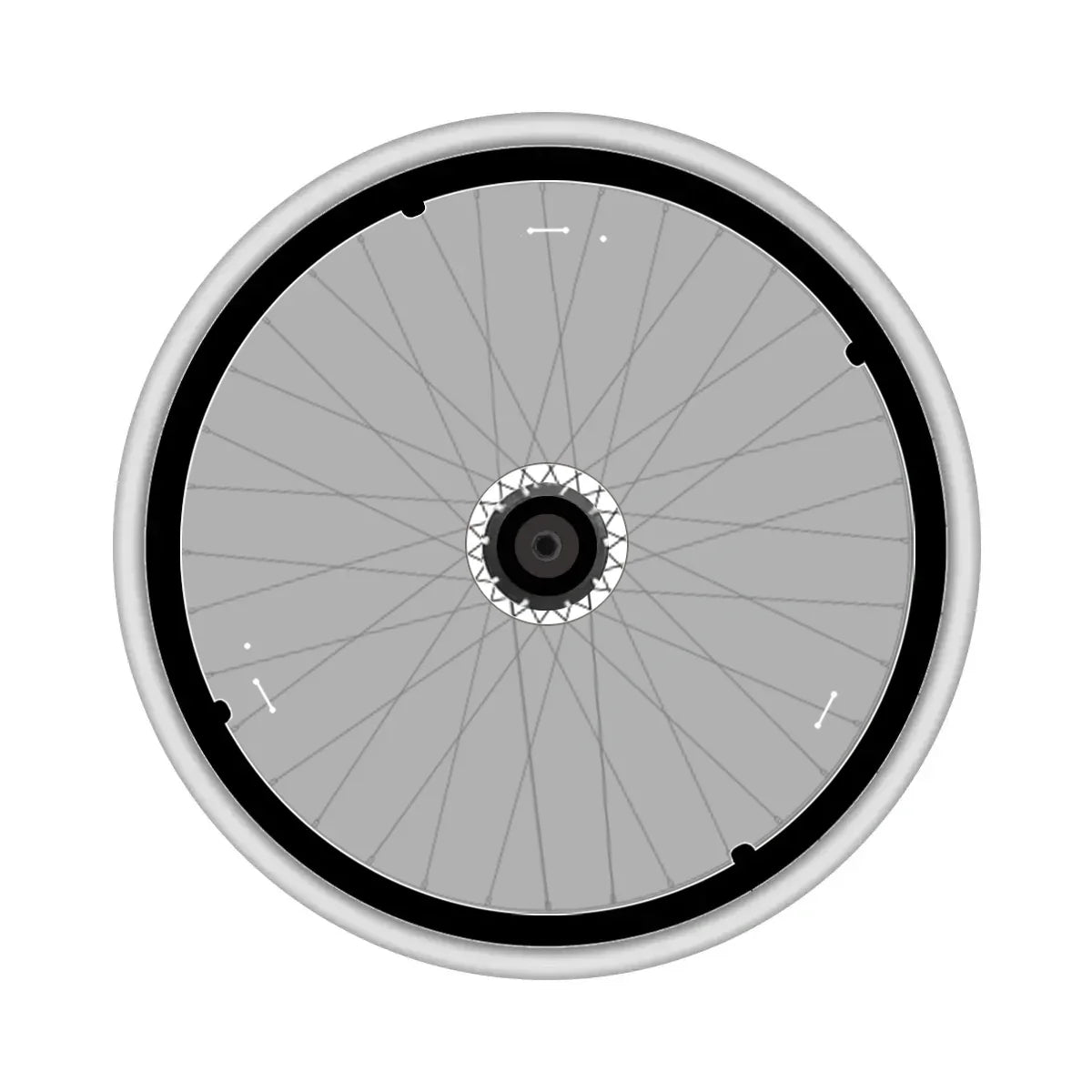 Clear wheelchair spoke guard with round cutouts installed on a wheelchair wheel.